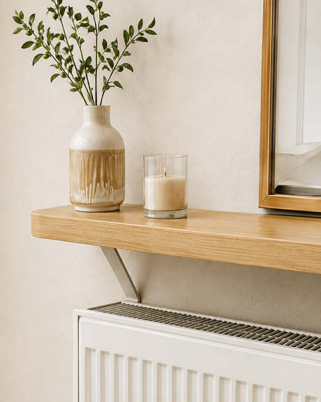 Light Oak Loby radiator shelf mounted above a radiator, with the support bracket running down behind it