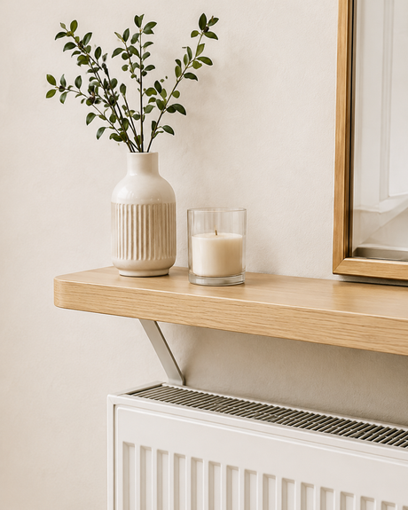 Natural Loby radiator shelf mounted above a radiator, with the support bracket running down behind it