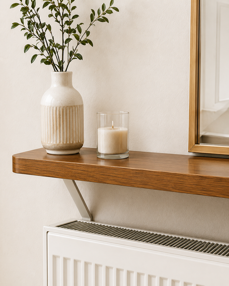 Oak Loby radiator shelf mounted above a radiator, with the support bracket running down behind it