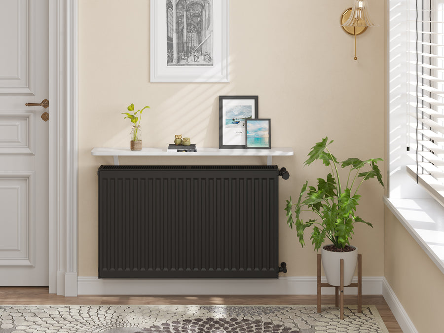 White — Loby Thermal radiator shelf in white, fitted above a radiator in a home interior