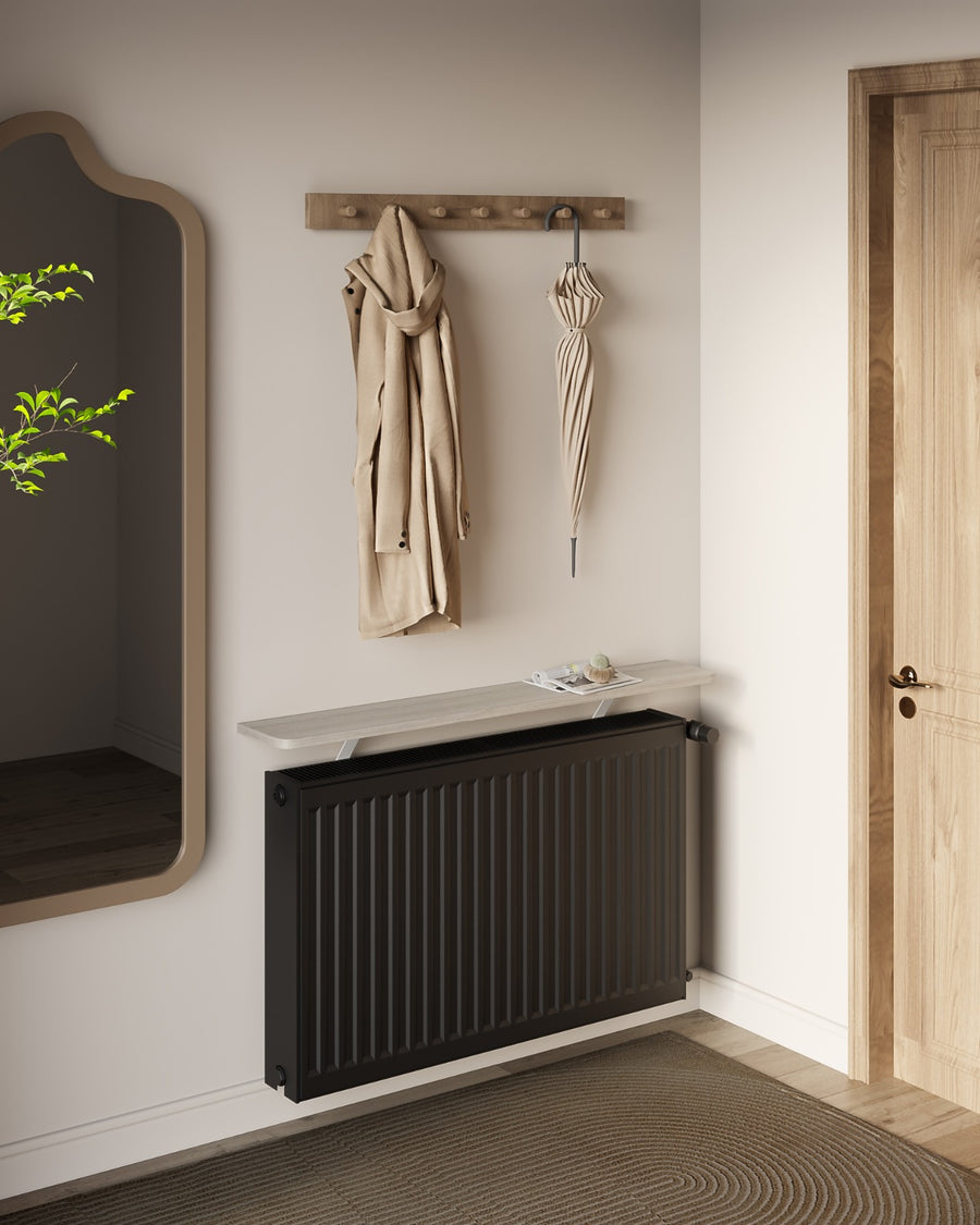Natural — Loby Essential radiator shelf in natural, fitted above a radiator in a home interior