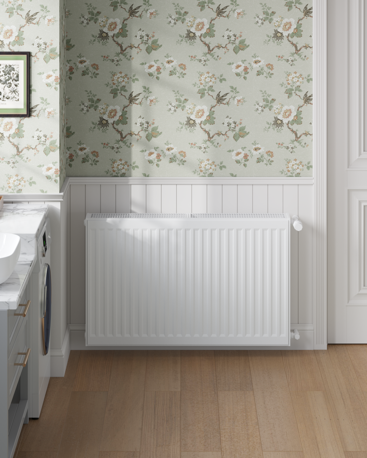 Before — the same radiator with no shelf and unused space above it
