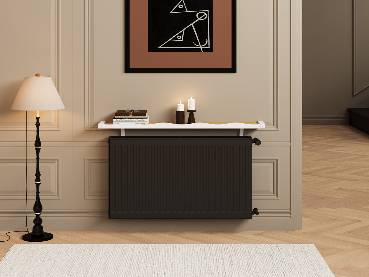 White & Natural — Loby Wavy radiator shelf fitted above a radiator in a living room