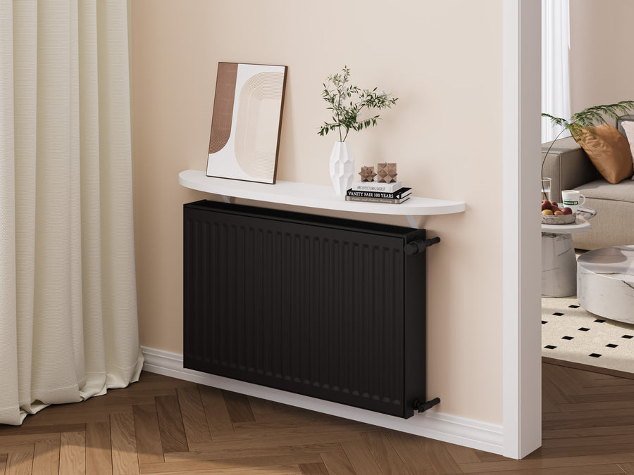 White — Arc radiator shelf fitted above a radiator in a living room