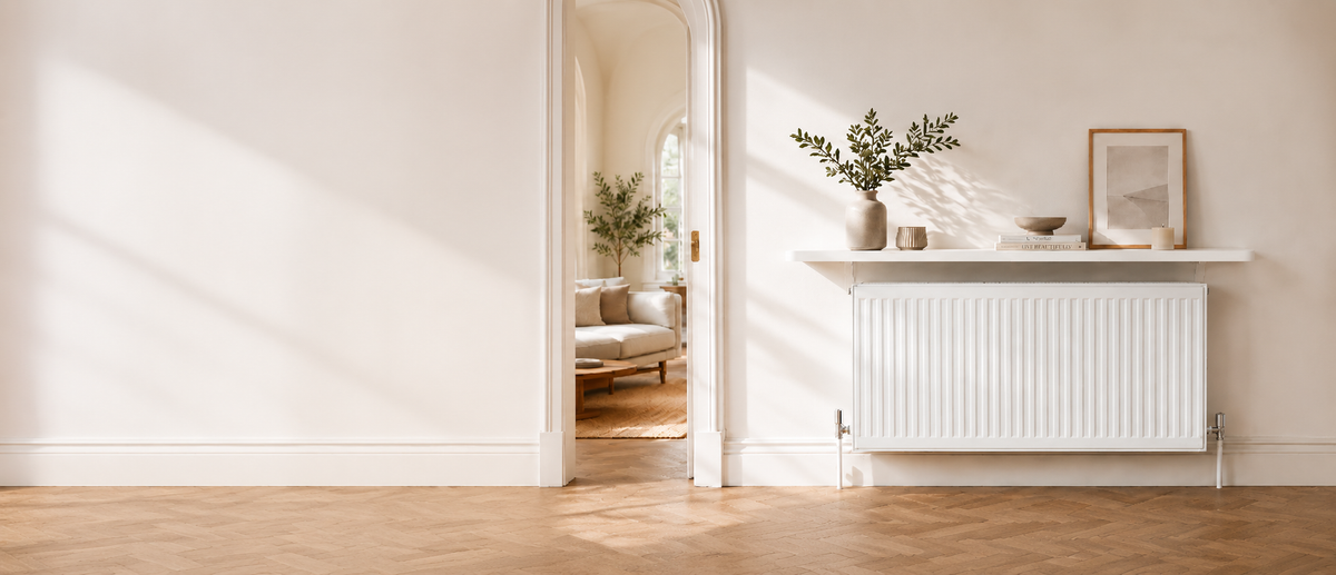 Loby radiator shelf styled with a vase and framed art in a warm, modern UK living room