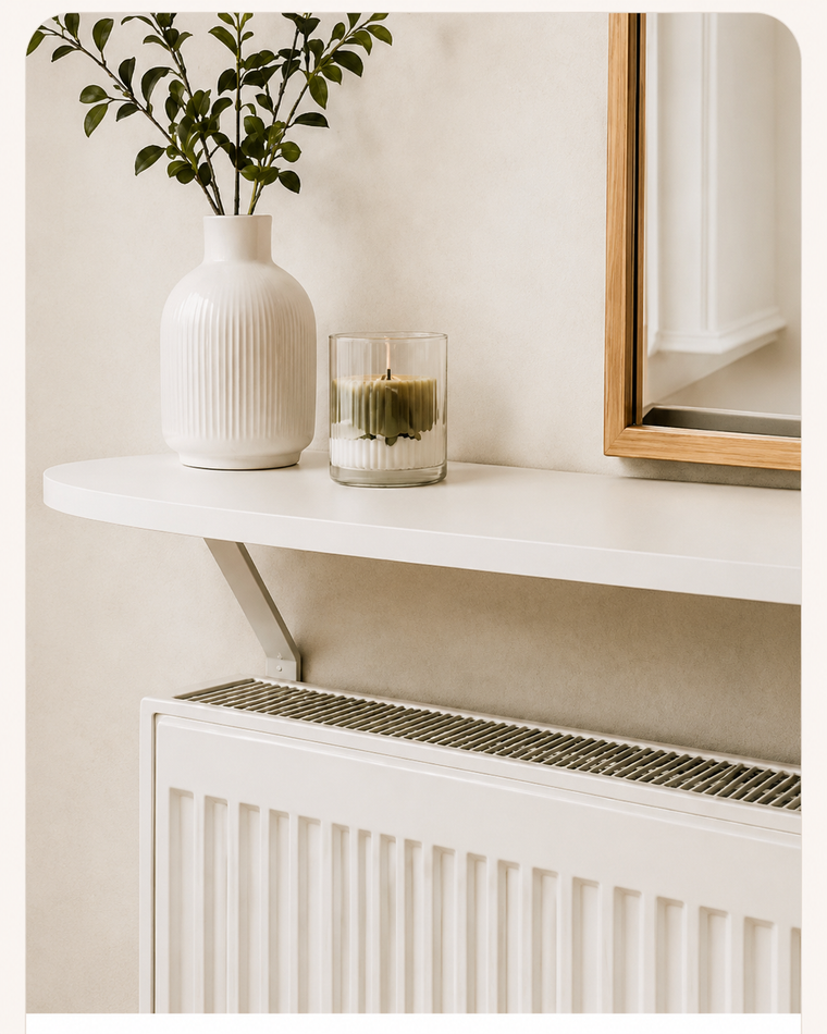 Arc radiator shelf, shown in a styled UK living space with the shelf profile clearly visible