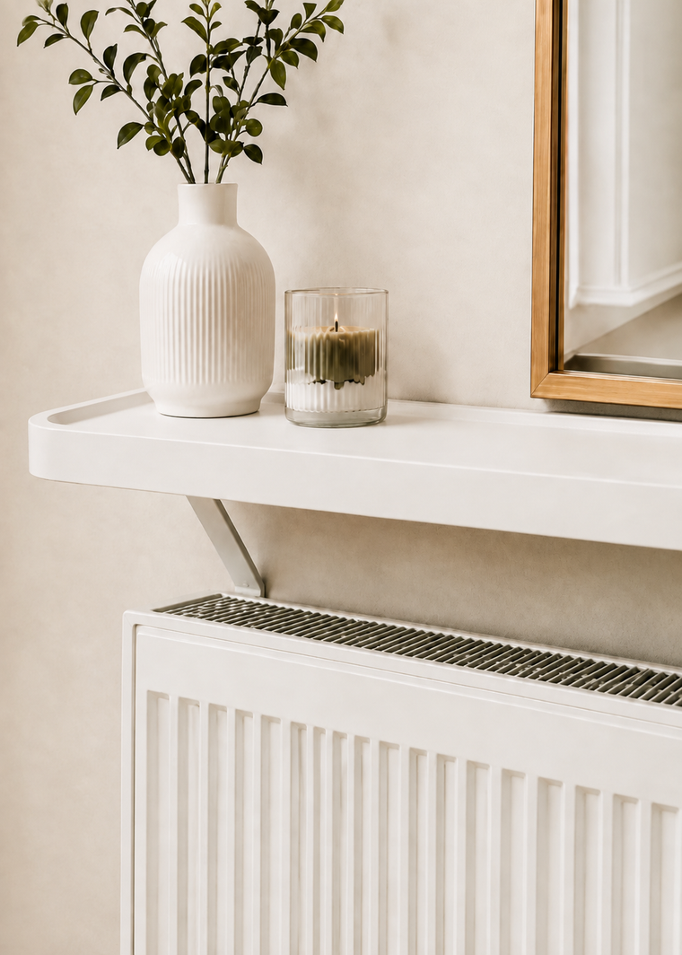 Curve radiator shelf, shown in a styled UK living space with the shelf profile clearly visible