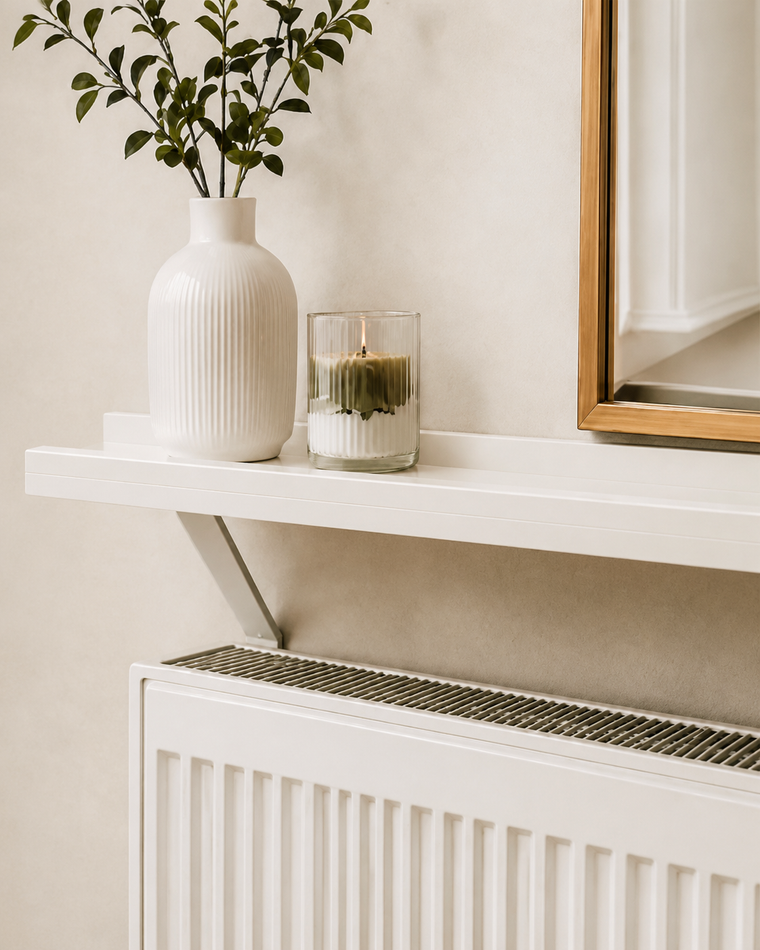 Edge radiator shelf, shown in a styled UK living space with the shelf profile clearly visible