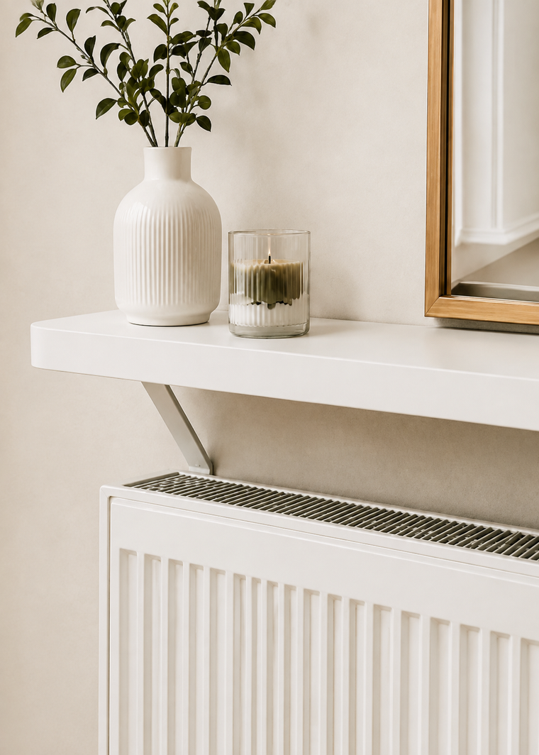 Thermal radiator shelf, shown in a styled UK living space with the shelf profile clearly visible