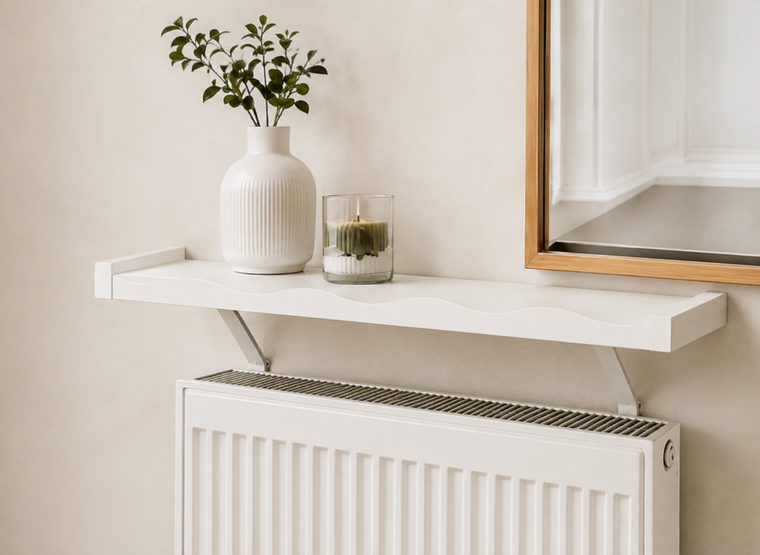 Wavy radiator shelf, shown in a styled UK living space with the shelf profile clearly visible