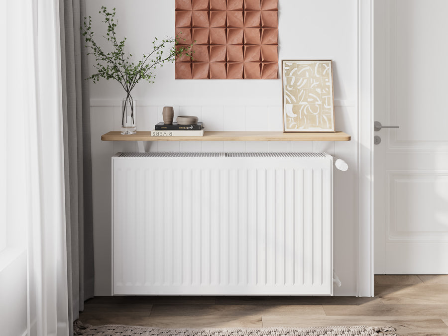 Natural — Loby Thermal radiator shelf in natural, fitted above a radiator in a home interior