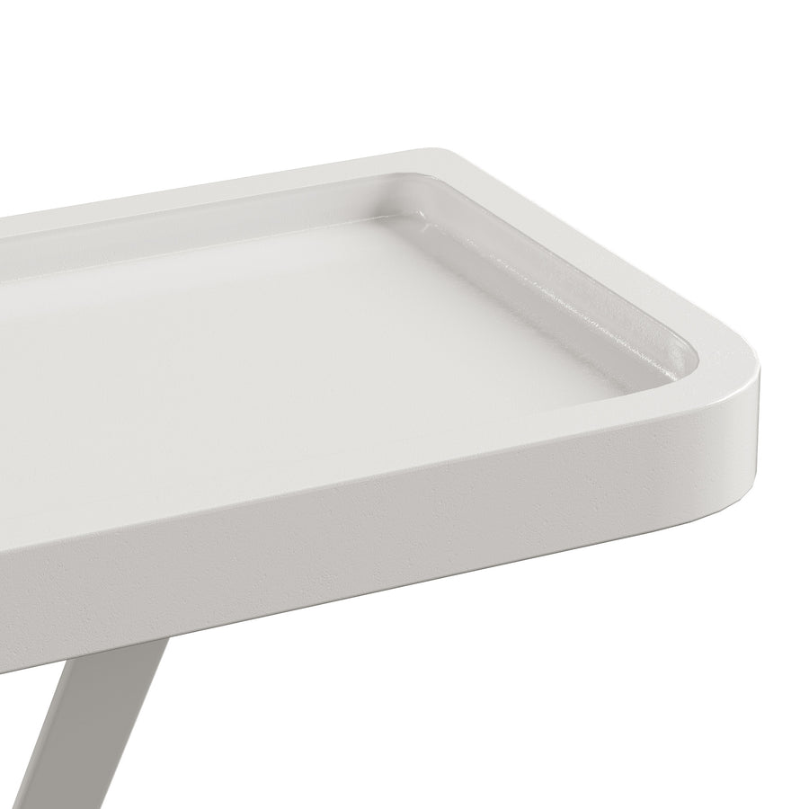 White — Loby Curve radiator shelf in white, shown on a plain background
