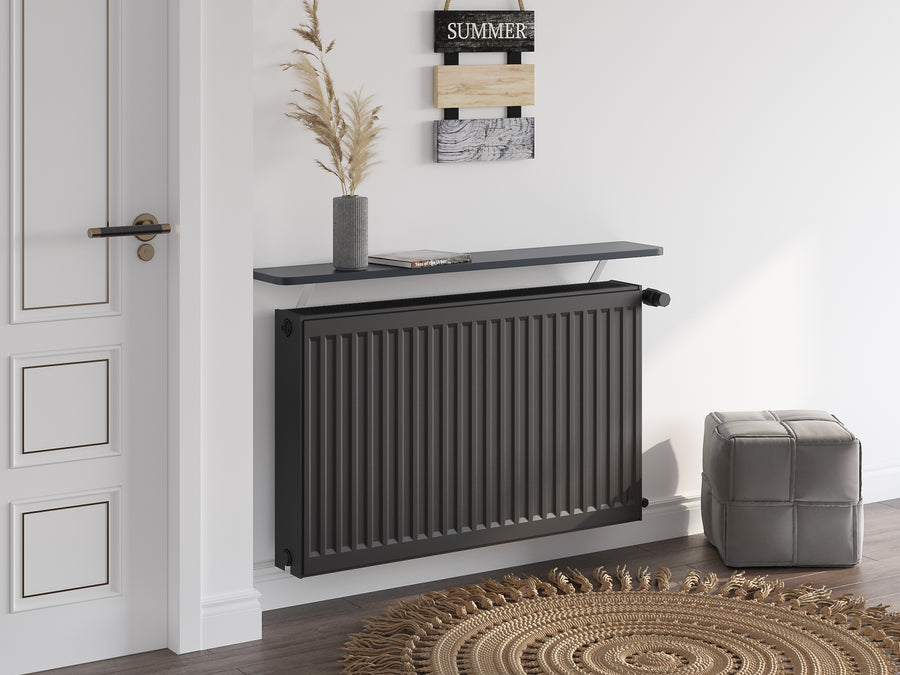 Black — Loby Thermal radiator shelf in black, fitted above a radiator in a home interior